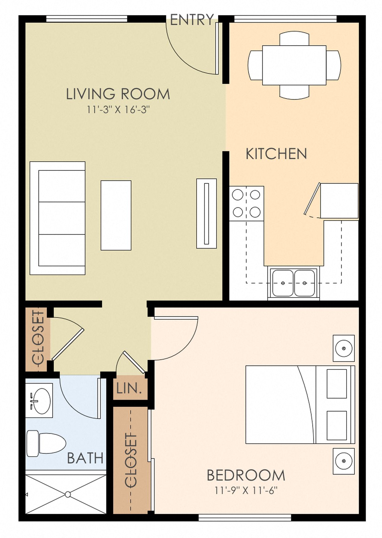 Floor plan for 1 bed, 1 bath, 542 sqft